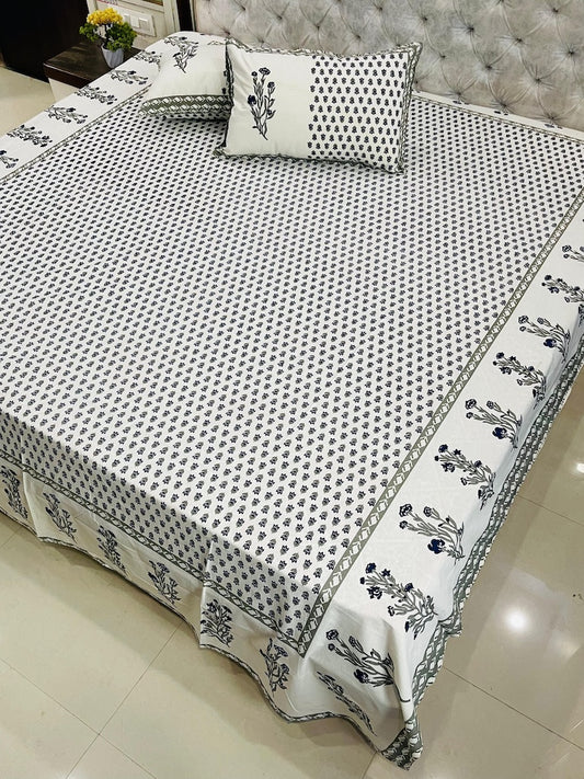 Premium Jaipuri Printed King Size Bedsheet with 2 Zipped Pillow Cover