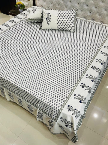 Premium Jaipuri Printed King Size Bedsheet with 2 Zipped Pillow Cover