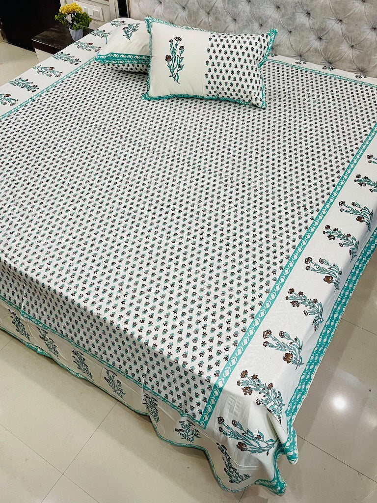 Premium Jaipuri Printed King Size Bedsheet with 2 Zipped Pillow Cover