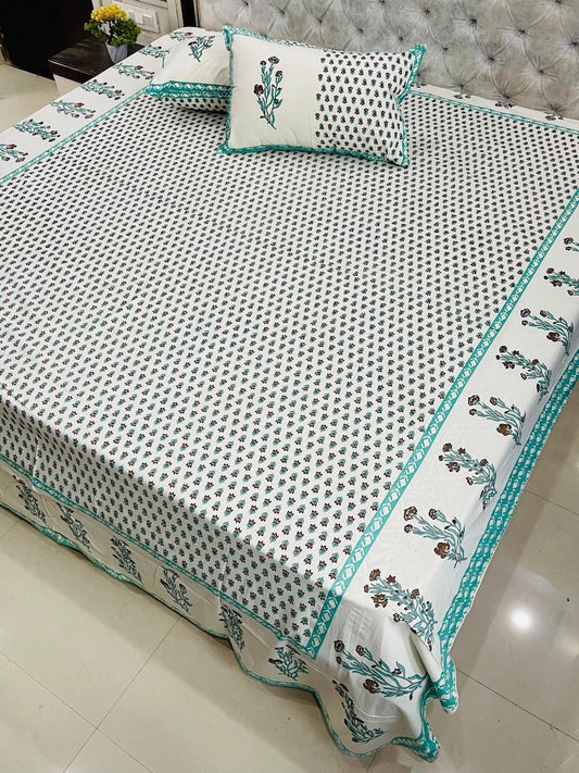 Premium Jaipuri Printed King Size Bedsheet with 2 Zipped Pillow Cover