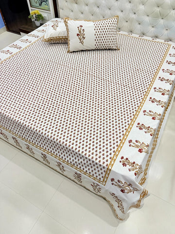 Premium Jaipuri Printed King Size Bedsheet with 2 Zipped Pillow Cover