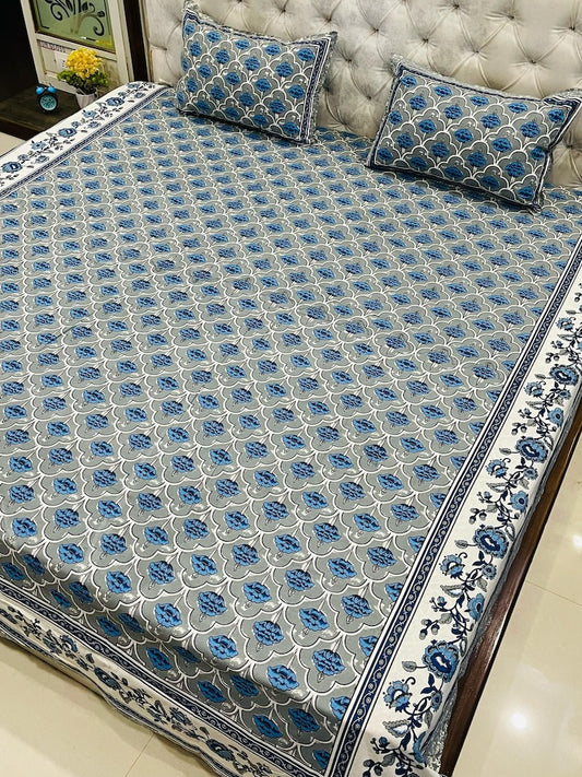 Premium Jaipuri Printed King Size Bedsheet with 2 Zipped Pillow Cover