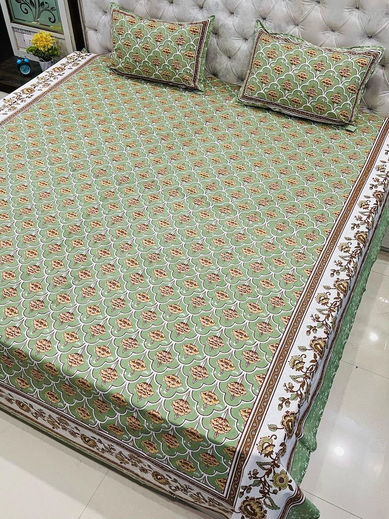Premium Jaipuri Printed King Size Bedsheet with 2 Zipped Pillow Cover