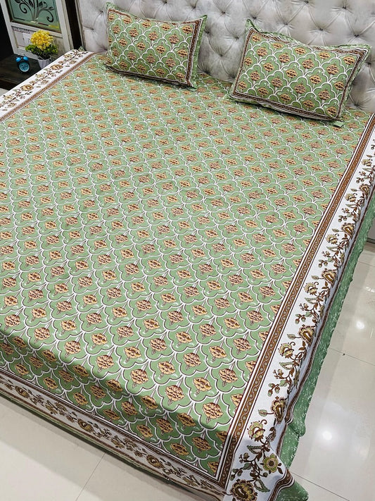 Premium Jaipuri Printed King Size Bedsheet with 2 Zipped Pillow Cover