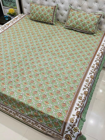 Premium Jaipuri Printed King Size Bedsheet with 2 Zipped Pillow Cover