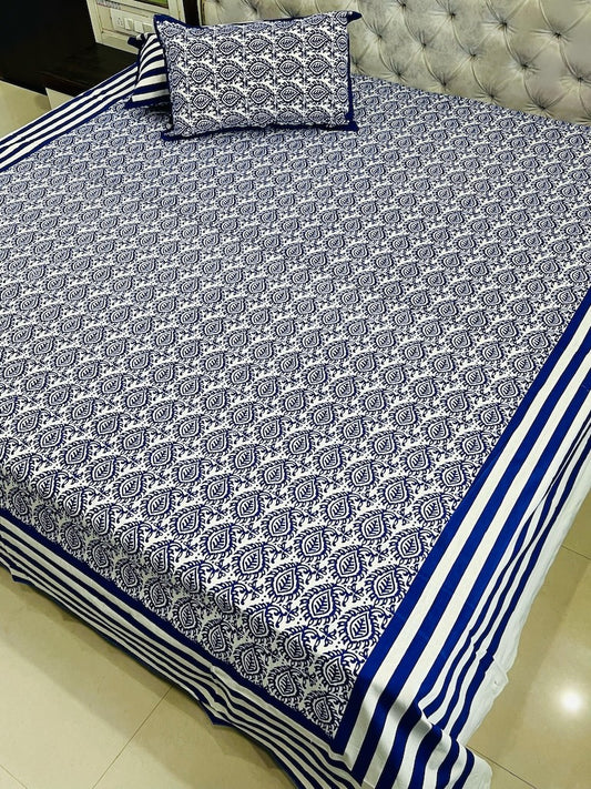 Premium Jaipuri Printed King Size Bedsheet with 2 Zipped Pillow Cover
