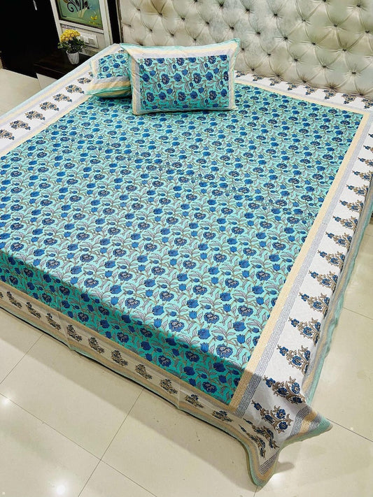 Premium Jaipuri Printed King Size Bedsheet with 2 Zipped Pillow Cover