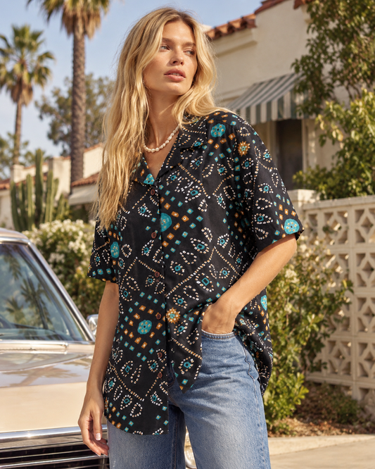 Oversized Black Bandhej Print Cuban Shirt For Womens