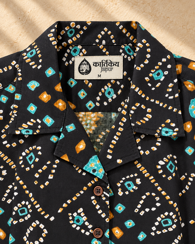 Oversized Black Bandhej Print Cuban Shirt For Womens
