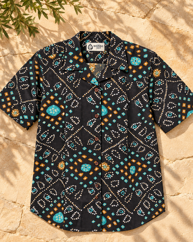 Oversized Black Bandhej Print Cuban Shirt For Womens