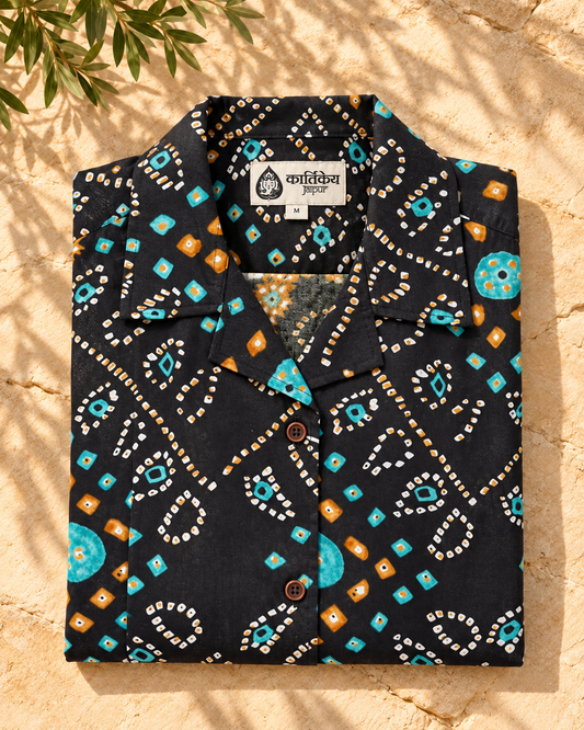 Oversized Black Bandhej Print Cuban Shirt For Womens