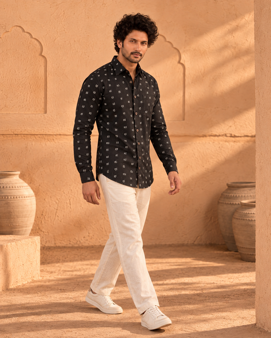 Classic Kannada Alphabets Print Cotton Men's Full Sleeve Shirt - BLACK