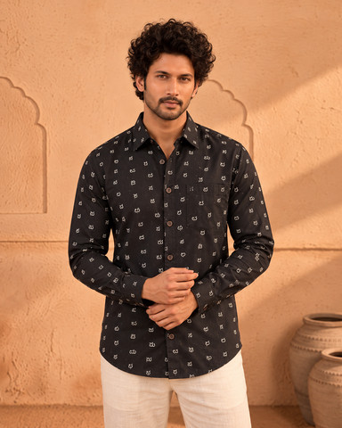 Classic Kannada Alphabets Print Cotton Men's Full Sleeve Shirt - BLACK