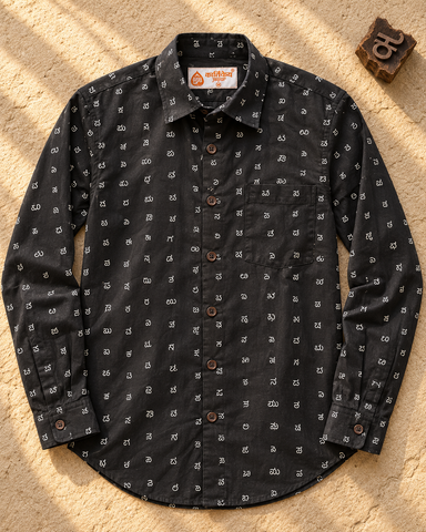Classic Kannada Alphabets Print Cotton Men's Full Sleeve Shirt - BLACK