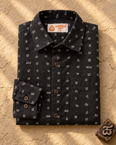 Classic Kannada Alphabets Print Cotton Men's Full Sleeve Shirt - BLACK
