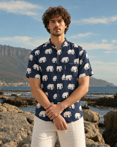 Classic Bold Elephant Half Sleeve Mandarin Collar Shirt - Black