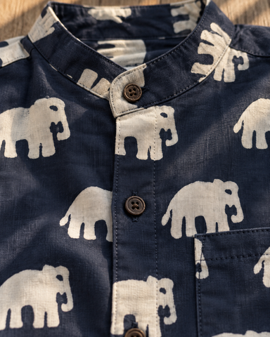 Classic Bold Elephant Half Sleeve Mandarin Collar Shirt - Black