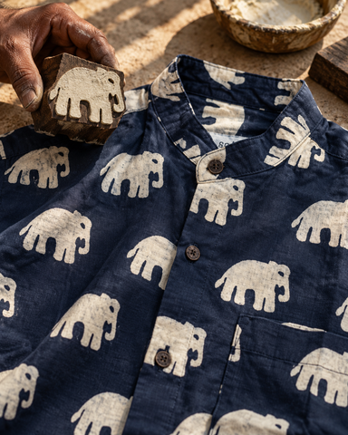 Classic Bold Elephant Half Sleeve Mandarin Collar Shirt - Black