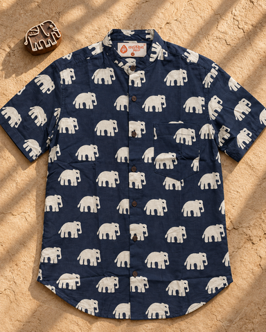 Classic Bold Elephant Half Sleeve Mandarin Collar Shirt - Black