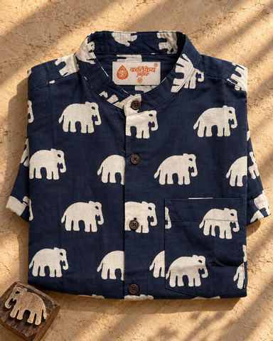 Classic Bold Elephant Half Sleeve Mandarin Collar Shirt - Black