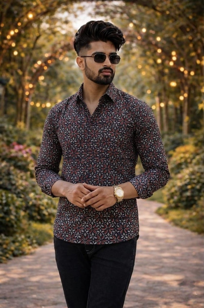 Classic Kalamkari Block Print Full Sleeves Cotton Men Shirt - Organic