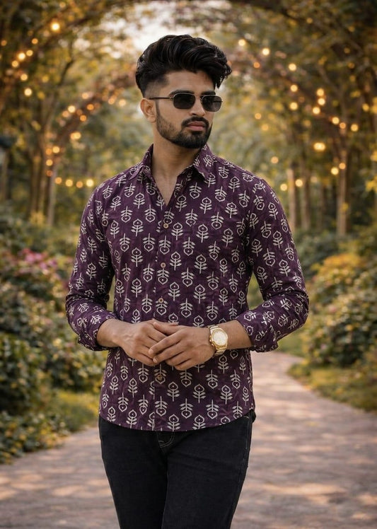 Classic Kalamkari Block Print Full Sleeves Cotton Men Shirt - Organic