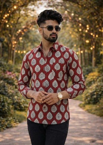 Classic Kalamkari Block Print Full Sleeves Cotton Men Shirt - Organic