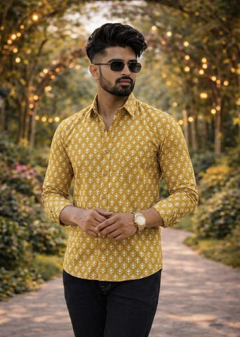 Classic Kalamkari Block Print Full Sleeves Cotton Men Shirt - Organic