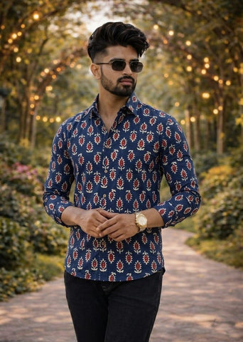 Classic Kalamkari Block Print Full Sleeves Cotton Men Shirt - Organic