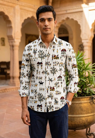 Classic Kalamkari Block Print Full Sleeves Cotton Men Shirt - Organic