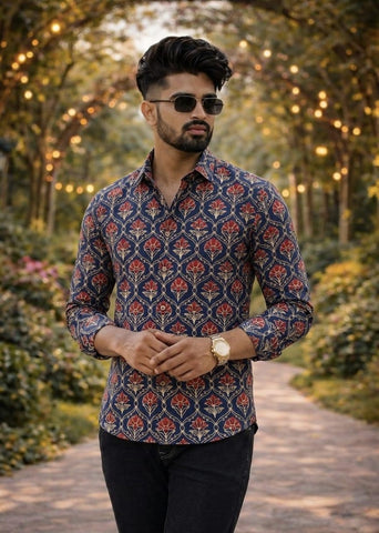 Classic Kalamkari Block Print Full Sleeves Cotton Men Shirt - Organic