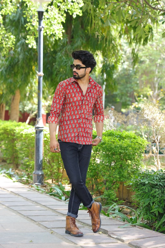 Block Printed Cotton Men Full Sleeves Shirt