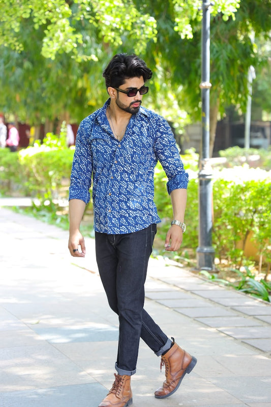 Classic Indigo Block Printed Cotton Mens Full Sleeves Shirt