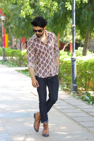 Bagru Block Printed Cotton Mens Full Sleeves Shirt