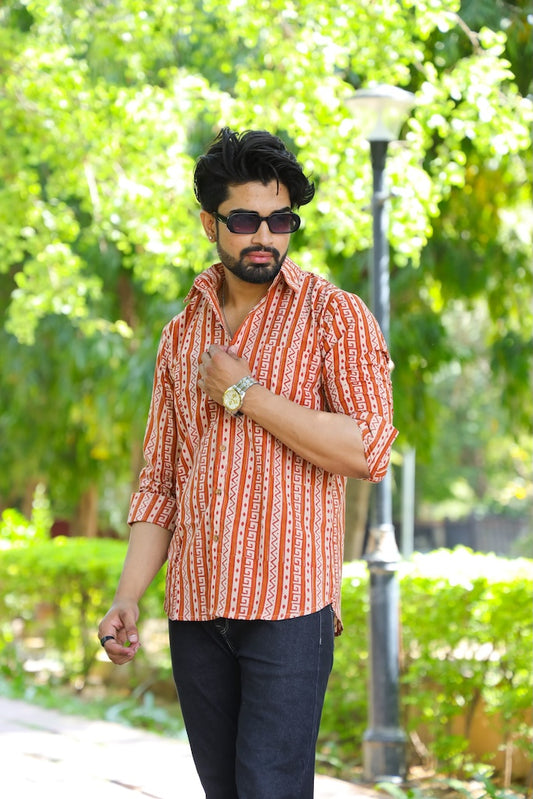 Bagru Block Printed Cotton Mens Full Sleeves Shirt