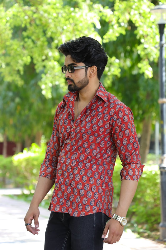 Block Printed Cotton Men Full Sleeves Shirt