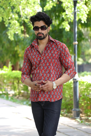 Block Printed Cotton Men Full Sleeves Shirt