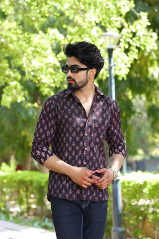 Bagru Block Printed Cotton Mens Full Sleeves Shirt