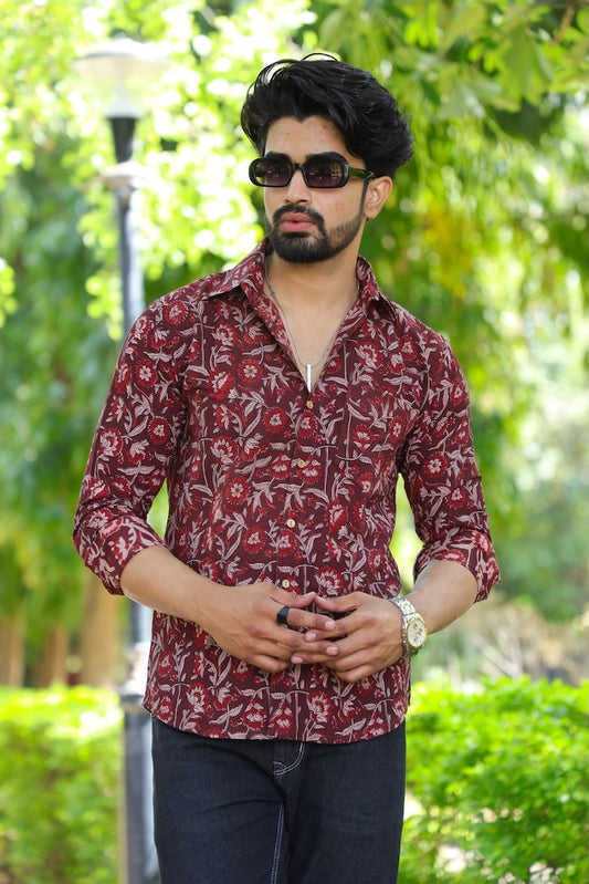Block Printed Cotton Men Full Sleeves Shirt - Kalamkari
