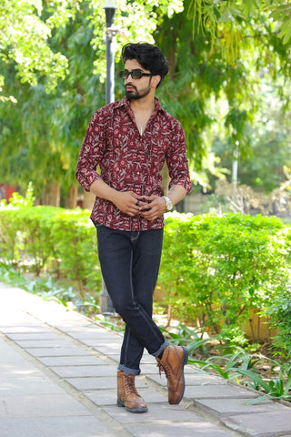 Block Printed Cotton Men Full Sleeves Shirt - Kalamkari