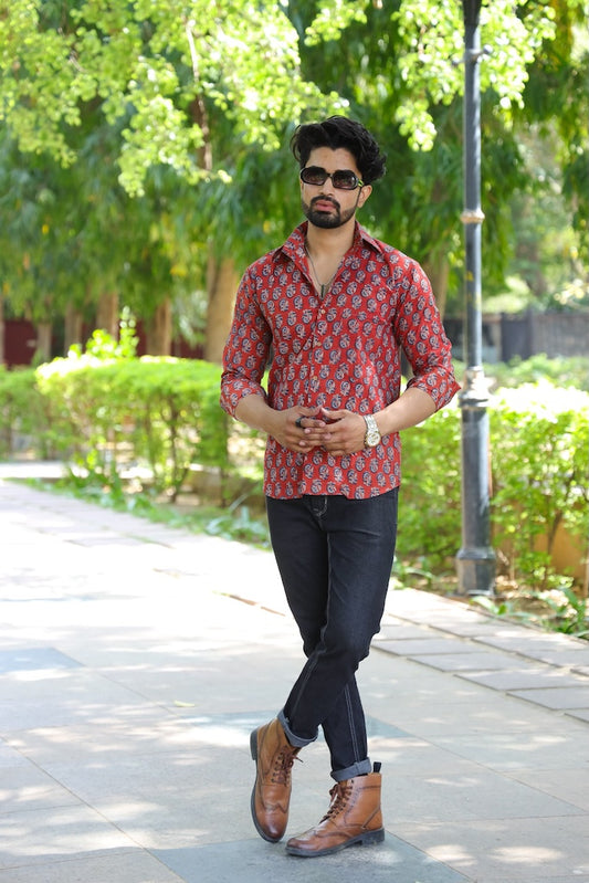 Block Printed Cotton Men Full Sleeves Shirt