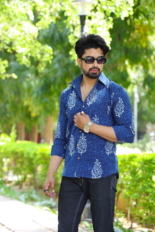 Classic Indigo Block Printed Cotton Mens Full Sleeves Shirt