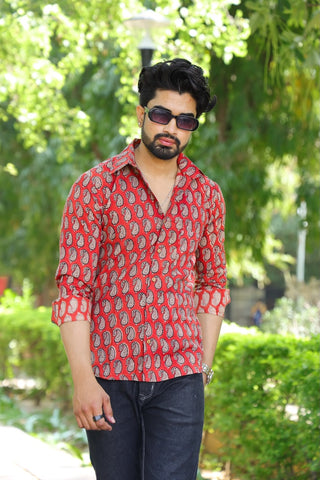 Block Printed Cotton Men Full Sleeves Shirt