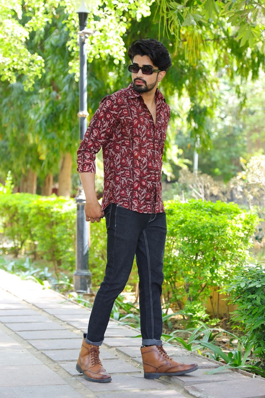 Block Printed Cotton Men Full Sleeves Shirt - Kalamkari
