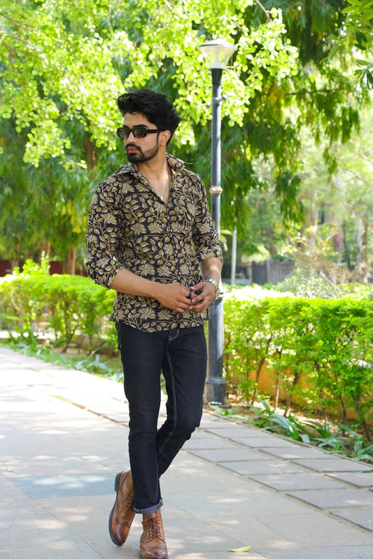 Block Printed Cotton Men Full Sleeves Shirt