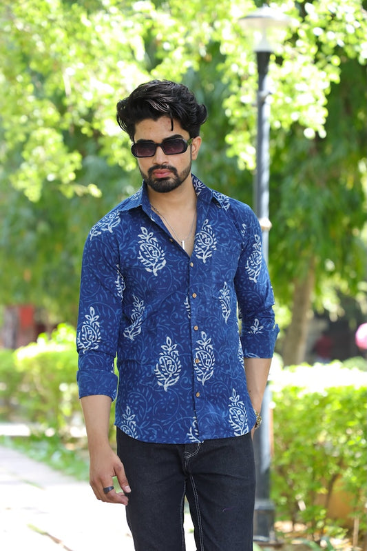 Classic Indigo Block Printed Cotton Mens Full Sleeves Shirt