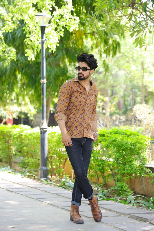 Block Printed Cotton Men Full Sleeves Shirt