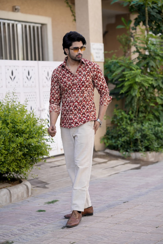 Block Printed Cotton Mens Full Sleeves Shirt