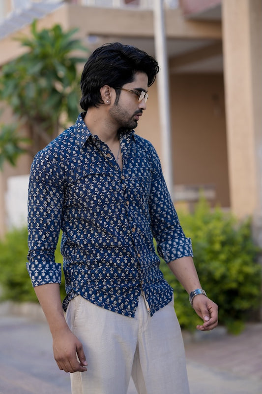 Block Printed Cotton Mens Full Sleeves Shirt