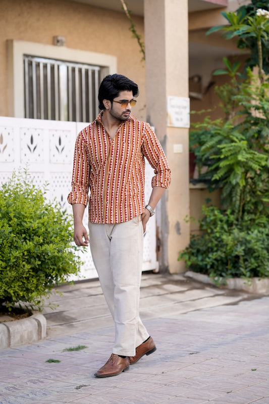 Bagru Block Printed Cotton Mens Full Sleeves Shirt